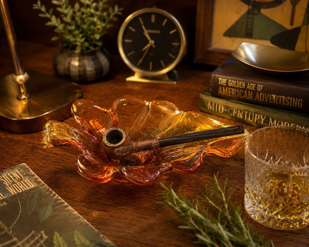 Vintage Amber Glass Pipe Ashtray with Pipe Mid Century Modern Tobacciana MCM